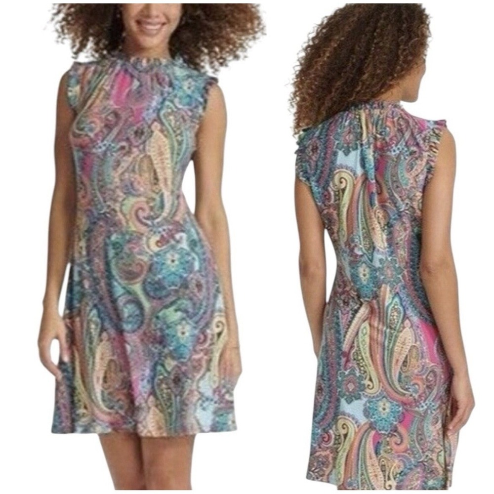Tommy Hilfiger Paisley Print Mini Dress Sz 10 Ruffle Neckline Jersey Travel Knit